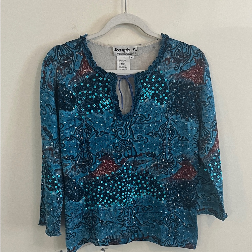 Vintage Joseph A. Silk Artsy‎ Top Sequin Funky Blue Fairy Whimsigoth 90s y2k